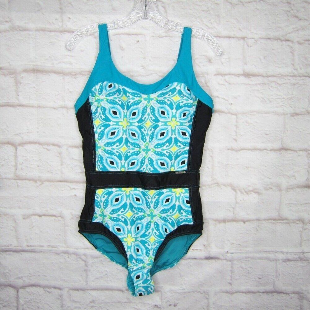 ZeroXPosur One-Piece Teal Geometric Print Built in Padded Bra Swimsuit Size L